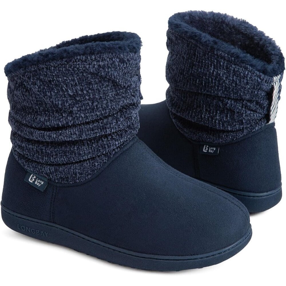 Women's Navy Blue LongBay Chenille Knit Bootie Slippers Memory Faux Fur Suede